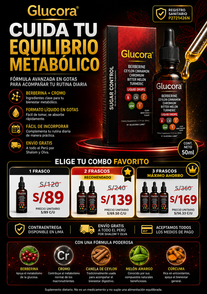 GLUCORA® BERBERINA LÍQUIDA DE ALTA ABSORCIÓN - Fórmula natural en gotas